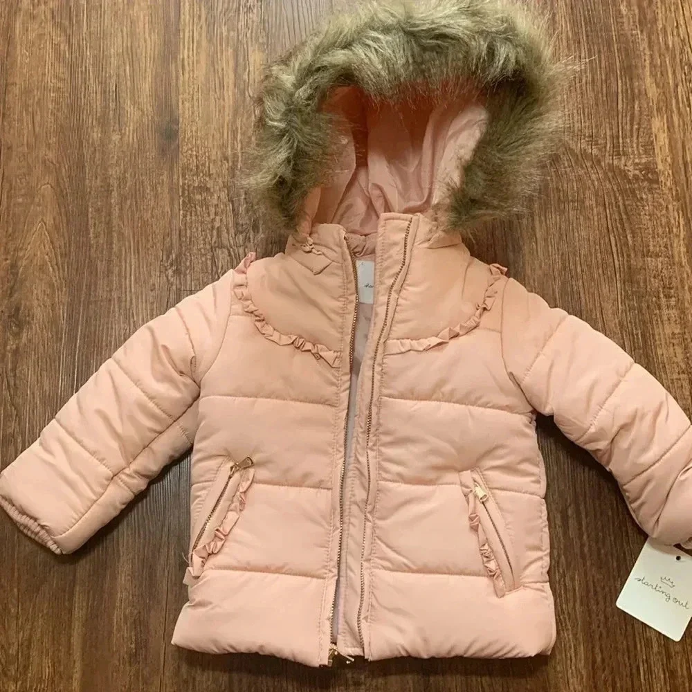NWT Pink Toddler Puffer Coat Jacket Fur Hood Sz 18M Starting Out
